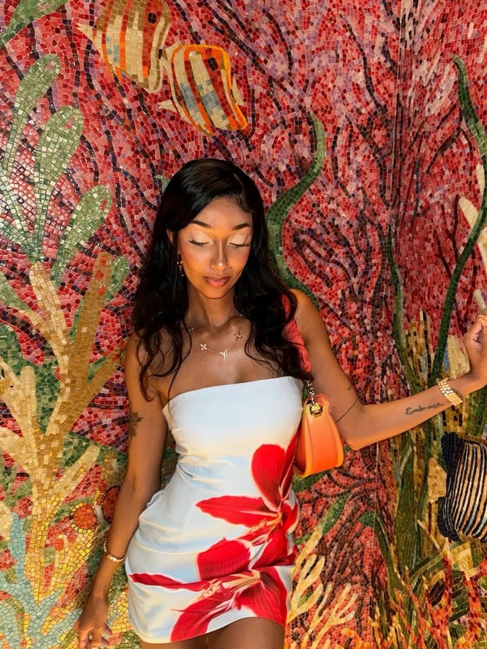 Strapless Mini Dress with Red Floral Print